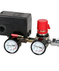 Pressure switch manifold with brass body, dual gauges, and red knob for air compressor