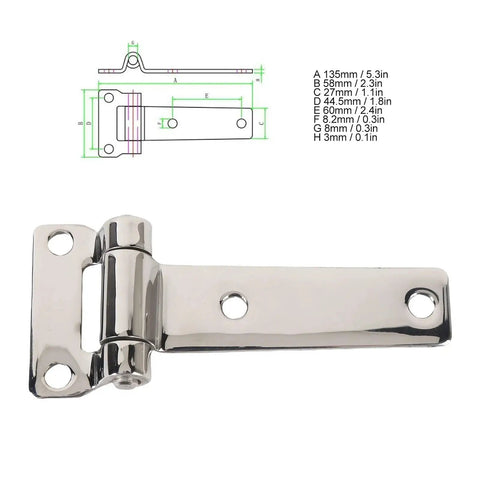 Self Closing Reversible T Shape Door Hinge For Cabinets And Yachts Durable Stainless Steel With Smooth Sliding Bearings For Quiet, Easy Open And Close Operation, detailed view with measurements on a white background.