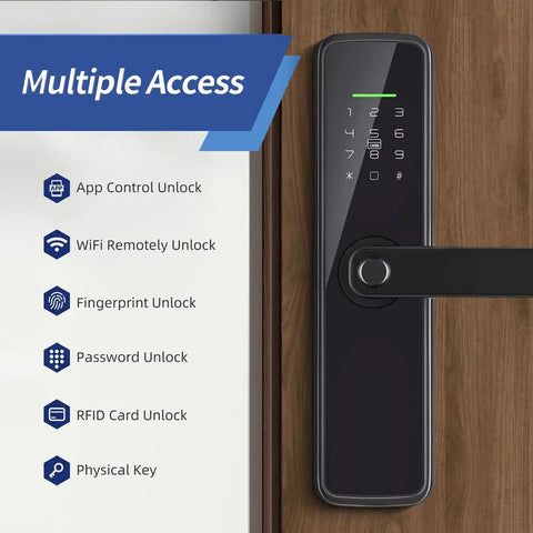 Slick Smart Fingerprint Door Lock With Built In Wifi And Tuya App Remote Control highlighting multiple unlocking options on a wooden door.