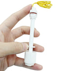 Hand holding 2 Pack PP Plastic Float Switch for water pumps, white housing, yellow wire, magnetic spring sensor for liquid level sensing.