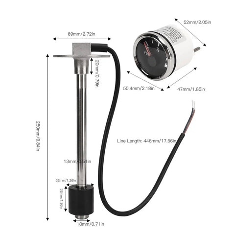Heavy Duty Marine Fuel Sender Unit With Fifty Two Millimeter Gauge And 316 Stainless Steel Tank Monitor For Boats with dimensions.