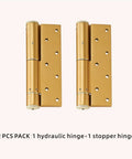 Slick Hidden Hydraulic Door Hinge Automatic Soft Close Buffer Damper Heavy Duty Rust Proof Gold Finish Three Piece Kit with hydraulic hinge and stopper hinge.