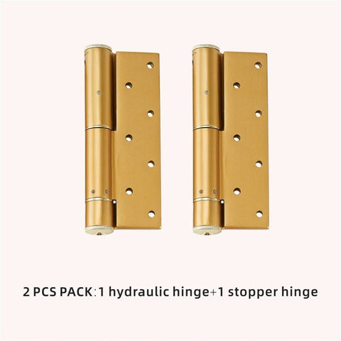 Slick Hidden Hydraulic Door Hinge Automatic Soft Close Buffer Damper Heavy Duty Rust Proof Gold Finish Three Piece Kit with hydraulic hinge and stopper hinge.