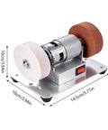 Compact Mini Bench Grinder Featuring Rock Solid 100W Copper Brushless Motor Spinning At Ridiculous 6000 RPM To Sharpen Steel Wood Tools and Polish Leathercraft For Any Serious DIY Workshop Project Gonna Fit The Bill with white and brown wheels.