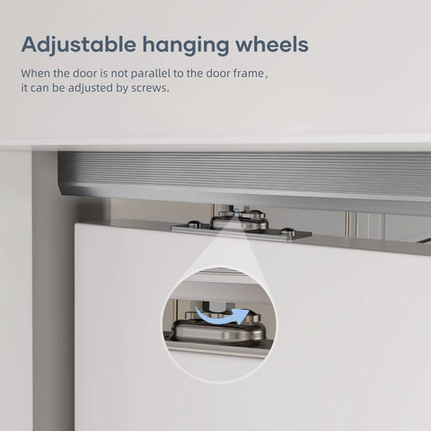 Close-up of adjustable wheels on 5 Foot Commercial Grade Sliding Pocket Door Hardware Track Kit Top Mount Heavy Duty Aluminum System