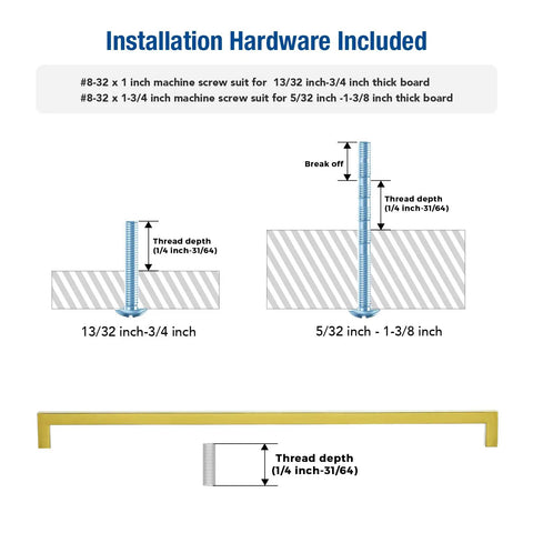 Installation instructions for Six Pack Heavy Duty Gold Cabinet Handles Meeting Eighteen Inch Center Distance with screw details.