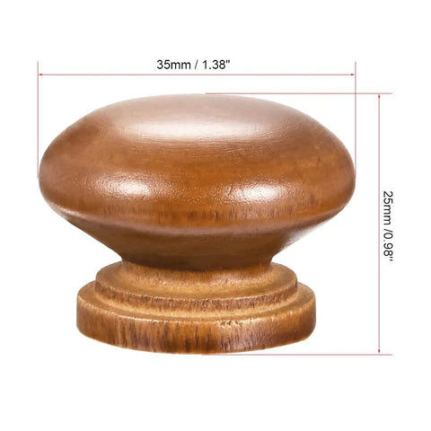 Five Pack of Hella Stylish Dark Red Round Wood Knobs with Screws for Cabinet and Dresser Makeovers Sturdy Construction and Slick Varnish to Up Your Home Decor Game Right Now, close-up of a round dark red wood knob, 35mm diameter.