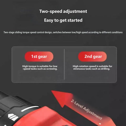 Kickass 12V Brushless Cordless Drill Driver With 3Ah Rechargeable Battery And Variable Speed Control showing two-speed adjustment settings.