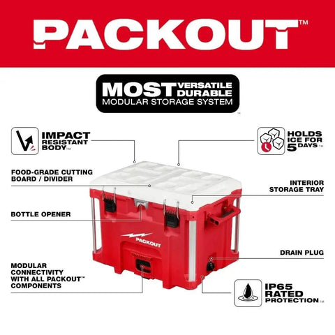PACKOUT 40QT XL Cooler Box With Impact Resistant Polymer Body Drain Plug Food Grade Cutting Board And Divider Interior Storage Tray Ice Retention Up To Five Days And Modular Connectivity With All PACKOUT Components shown with features and labels.