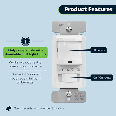 Motion Sensor Switch With PIR Sensor Auto On Off Lights No Neutral Wire Required 150W Dimmable LED White Front View