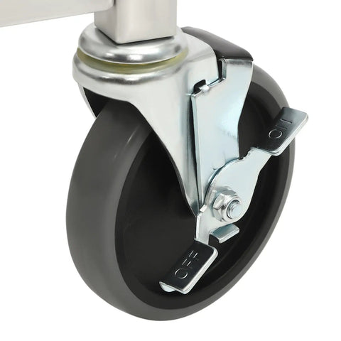 Close-up of the smooth-rolling caster wheel on Heavy Duty 20 Tier Bakery Rack Straight Up Solid Aluminum Cooling Cart.