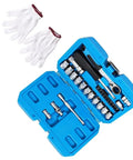 29 Piece Heavy Duty Through Hole Ratchet Socket Set Metric 12 Point Tool Kit Featuring Slick Rolling 72 Tooth Mechanism with gloves