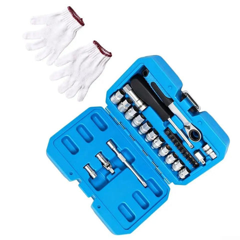 29 Piece Heavy Duty Through Hole Ratchet Socket Set Metric 12 Point Tool Kit Featuring Slick Rolling 72 Tooth Mechanism with gloves