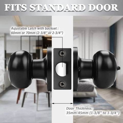10 Pack Round Privacy Door Knobs With Smooth Thumb Turn Lock And Keyless Interior Exterior Lockset In Slick Matte Black Finish, detailing fit for standard doors.