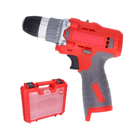 Heavy Duty Cordless Drill Driver Pumping 52 Nm Of Raw Torque With 25 Adjustable Speeds And Instant Reverse Switches, red casing, with carrying case.