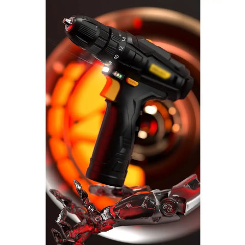 Kickass 12 Volt Rechargeable Electric Drill Kit With Adjustable Speed And Reverse Function held by a metallic robotic hand.