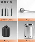 Included items of Pellet Tabletop Fire Pit: 4 roasting sticks, loading spoon, carry bag, and 7 inch mini outdoor fire pit with ash pan