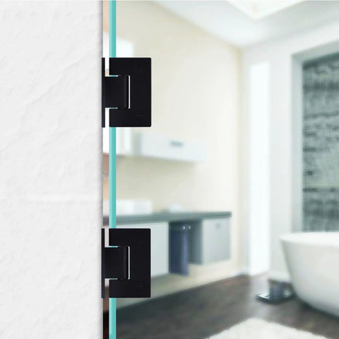Top Shelf Heavy Duty 90 Degree Glass Door Hinges Engineered For 8 To 12Millimeter Frameless Shower Doors Rustproof Stainless Steel Bathroom Clips, side view in modern bathroom.