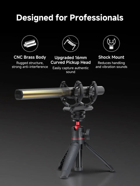D2 Wireless Shotgun Microphone With Hypercardioid Condenser Pickup on tripod, CNC brass body, shock mount for pro audio