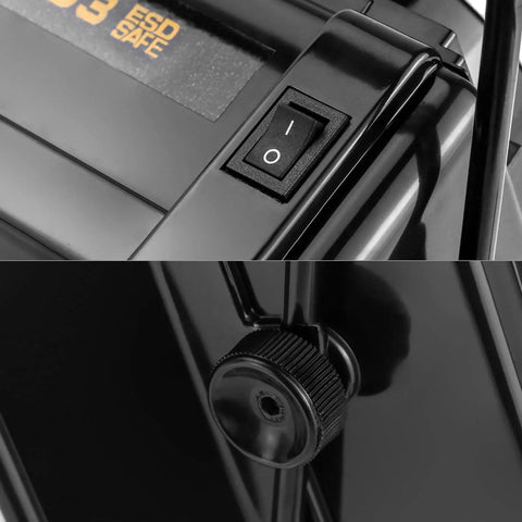 Close-up of Quiet Solder Smoke Absorber With Adjustable Angle Fume Extractor for Your Workshop, showing control switch and knob.