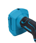 Close-up of the handle and motor housing of the Cordless 2 In 1 Mini Circular Saw And Angle Grinder With A Brushless Motor 12000 Rpm.