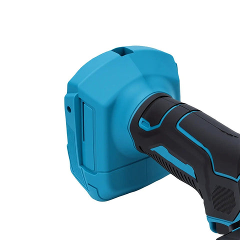 Close-up of the handle and motor housing of the Cordless 2 In 1 Mini Circular Saw And Angle Grinder With A Brushless Motor 12000 Rpm.