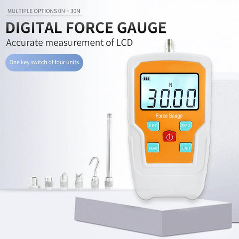 Precision Digital Force Gauge With Kickass Push Pull Testing Capabilities And Straight Up Hella Accurate Readings In Newton Pound Ounce Units For Heavy Duty Material Stress Checks And Bombproof Calibration on display showing a reading of 30.00N.