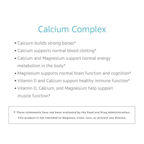 Label listing benefits of Calcium Complex 750Mg With Vitamin D2 And Magnesium From Marine Algae For Bone Health, Vegan Formula.
