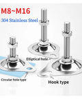 Heavy Duty Adjustable Leveling Feet Cups Engineered With M8 Through M16 Threads From Top Tier 304 Stainless Steel, showing circular and hook types.