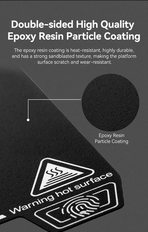 Close-up of Heavy Duty Magnetic Pei Build Plate For Creality Ender 3 Series 235X235mm showing epoxy resin particle coating and warning.