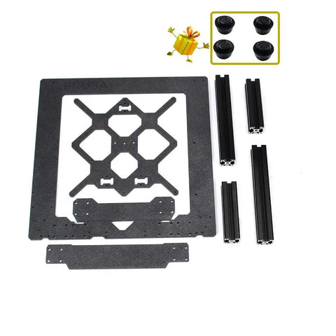Bulletproof Aluminum Alloy 3D Printer Replacement Frame Kit Featuring Y Axis Motion Carriage Front Rear Plates Black Extrusion Bars And Vibration Dampers components arranged on a white background.