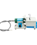 750W Variable Speed Bench Grinder And Badass Heavy Duty Shop Rig For Jewelry Polishing And Stone Carving With Hella Precision Lapidary Saw and Sweet Finishing Touch Ups To Get The Job Done Right, compact bench lathe with green motor and blue storage.