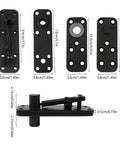 Badass Heavy Duty Invisible Door Hinges With 360 Degree Rotation And Seamless Hidden Pivot, matte black steel, dimensions shown.