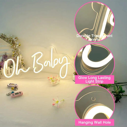Oh Baby Neon Sign For Baby Shower And Photo Backdrop, LED Neon Light with acrylic backing and adjustable glow