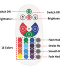Pro Grade 20W RGB LED Flood Lights Featuring A Slick Remote Control showing brightness and 16 color options for lighting control.