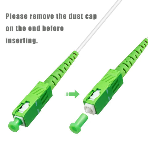 Heavy Duty Armored Single Mode Fiber Optic Patch Cable SC APC To SC APC Connectors For ATT Fios Modem Router 50FT LSZH White Jacket showing green connector details and dust cap removal.