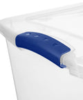 Blue 66 Quart Clear Storage Bin with Latching Lid for Easy Grip Heavy Loads Stackable Plastic Container grip handle detail