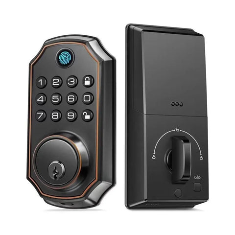 Straight Up Secure Keyless Entry Deadbolt Lock With Fast Fingerprint Scan Bluetooth App Control And Password Backup Key, black zinc alloy design.
