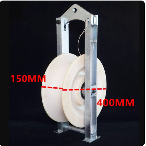 Tough As Nails Railway Cable Pulley With Swivel Hook, Heavy Duty Galvanized Channel Steel Housing, Nylon Wheel Block For Overhead Line Rigging And Wire Rope Lifting Tasks, Smooth Tracking Gear, 150mm 400mm Sizes showing sizes 150mm and 400mm.