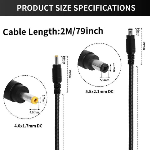 Tough As Nails Chew Resistant Power Cord For Trail Cameras showing 2M cable length and plug sizes 5.5mm x 2.1mm and 4.0mm x 1.7mm.