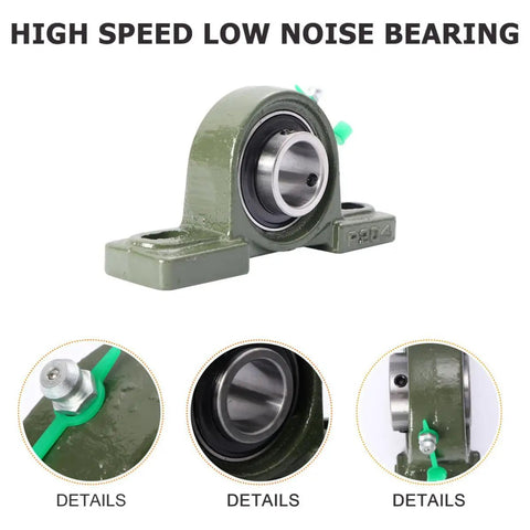 Heavy Hitter Cast Iron Pillow Block Bearing Kit Featuring Dual Bolt Flange Housing And Compact Two Hole Design For Cramped Workspaces And Daily Factory Production Lines, showing close-up of green bracket and bearing.