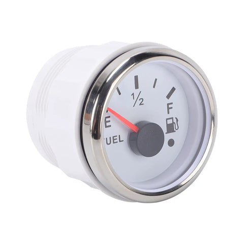 No Sweat 6 Inch Fuel Level Sending Unit Straight Up 240 To 33 Ohm Precision Marine Automotive gauge with white casing and stainless steel trim.