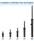 Different sizes of hard top pop up sprinkler heads with pressure regulating valve, including four inch riser, shown in a lineup.