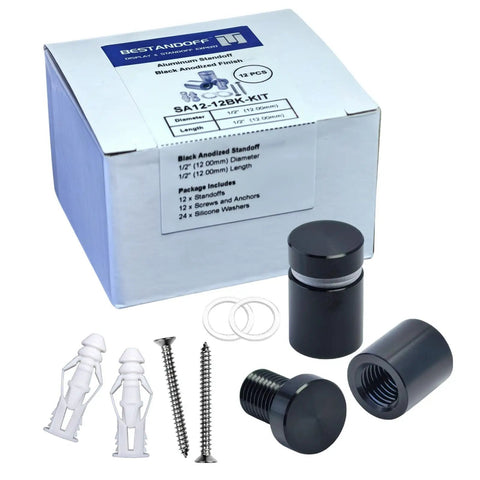Dead Simple To Install, Rock Solid Aluminum Wall Spacers And Standoff Screws For Acrylic Signs, No Fuss Wall Mounting Hardware Kit, Sleek Black Finish, Top Notch Durability, One Half Inch Size, aluminum standoff kit with screws and anchors.