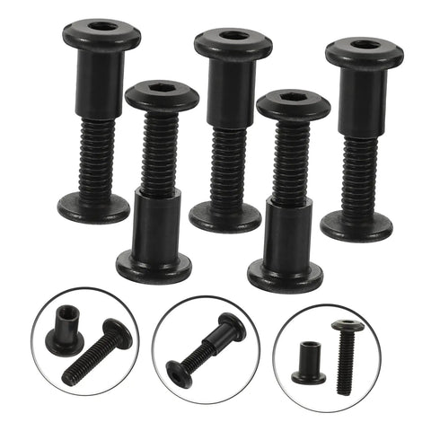 Top Shelf Five Piece Pack Of Black Stainless Steel Binding Screws And Nuts For Scrapbooks Photo Albums And Bookbinding With Countersunk Flat Head For No Sweat Setup, showing six screws in various angles.