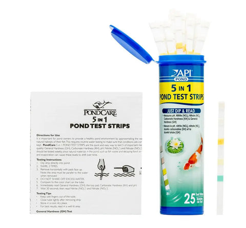 Ace Pond Water Test Strips Check PH Nitrites Nitrates And Hardness In Just Seconds, 25-count pack with test strips and instructions.