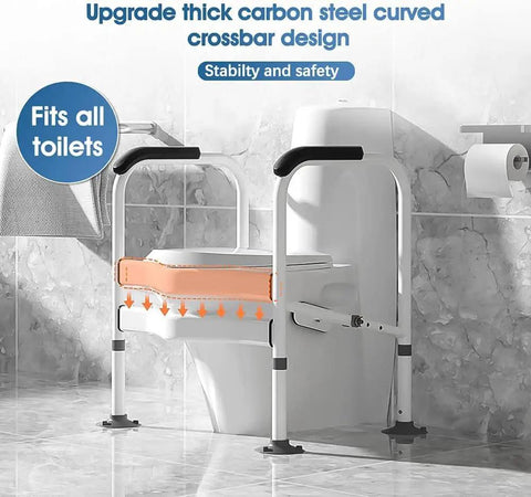 Toilet Safety Rails Frame With Handles For Easy No Slip Support Heavy Duty Carbon Steel Crossbar, fits all toilets with grippy cups