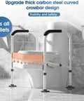 Heavy Duty Toilet Safety Rails For Seniors With Adjustable Carbon Steel Frame And Rock Solid Non Slip Design For No Fuss Bathroom Support And Straight Up Fall Protection Up To 330 Pounds Total Weight mounted over toilet with curved crossbar design.