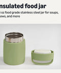 Stainless Steel Insulated Food Jar, Leakproof Screw Lid With Carry Handle, 16 Oz Olive Thermal Cup, showing green exterior with screw lid.