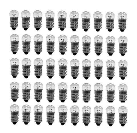 10x E10 Miniature Screw Base Light Bulbs 6V 0.3A Warm Yellow Pilot Lamps showing ten packs of clear bulbs in a grid.